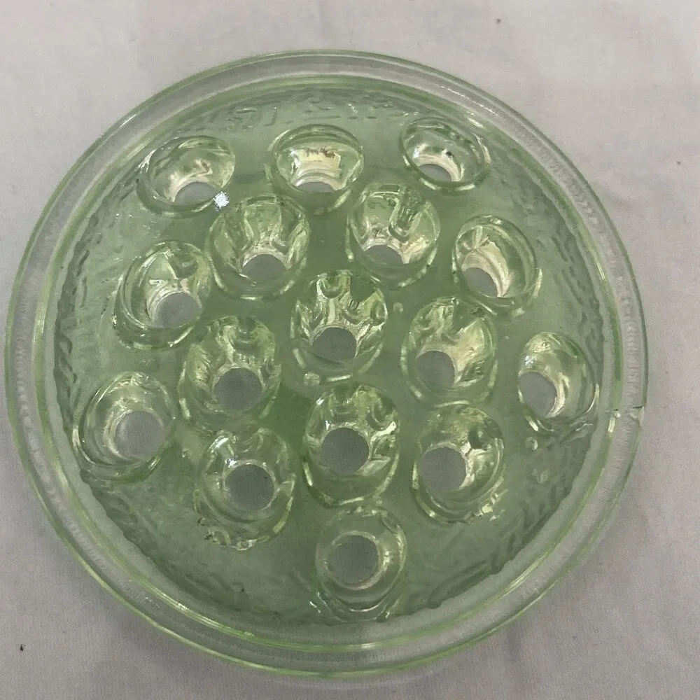 Vintage Green Uranium Glass 16 Hole Flower Frog